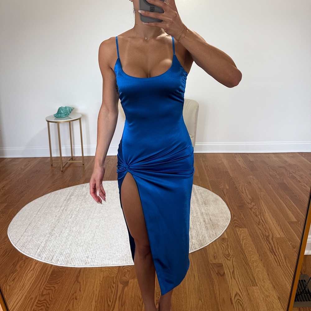 BLUE ALDIS SATIN SLIT DRESS